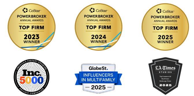 Lyon Stahl Investment Real Estate awards — CoStar PowerBroker Top Firm 2023, 2024, and 2025 Winner; Inc. 5000 Fastest-Growing Companies; GlobeSt. Influencers in Multifamily 2025; LA Times Studios Top Commercial Real Estate Brokerage Firms 2025